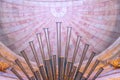 organ with details of the pipes inside the national pantheon, church of santa engracia, colored lighting.  Lisbon Royalty Free Stock Photo
