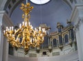 Organ in Helsinki Lutheran cathedral (St. Nicolas church) and chandelier out of focus, Finland