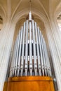 Organ pipes bottom view, antique instrument Royalty Free Stock Photo