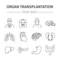 Organ transplantation line icons set.