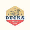 Organi Feeded Ducks Fresh Poultry Abstract Vector Sign, Symbol or Logo Template. Hand Drawn Duck Sillhouette with Retro Royalty Free Stock Photo