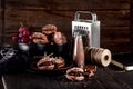 Organic almond cookies on dark wooden background with chocolate Royalty Free Stock Photo