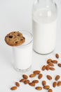 Organic almond milk in bottle and glass with chocolate cookie and scattered almonds. Royalty Free Stock Photo