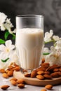 Organic almond milk in a glass, nuts and flowers