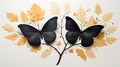 Organic Art: Gold Leaves and Black Butterflies on Black Background - Contemporary Design. Royalty Free Stock Photo