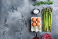 Organic asparagus with eggs and french dressing ingredients with dijon mustard, onion chopped in red vinegar  taragon on grey Royalty Free Stock Photo