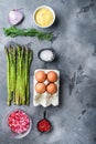 Organic asparagus with eggs and french dressing ingredients with dijon mustard, onion chopped in red vinegar  taragon on grey Royalty Free Stock Photo