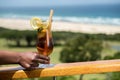 Organic bamboo straw in a glass of juice