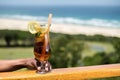 Organic bamboo straw in a glass of juice