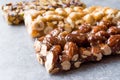 Organic Bars with Almonds, Nuts and Peanuts with Honey No Glucose. Royalty Free Stock Photo