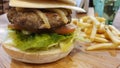 Organic Beef Burger with Cheese, Vegetable and French Fries Royalty Free Stock Photo