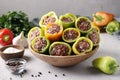 Organic Bell Pepper Stuffed with Rice and Minced Beef Step by Step Process, Closeup Royalty Free Stock Photo