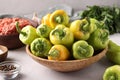 Organic bell peppers, minced meat, parsley and spices for making stuffed peppers. Closeup Royalty Free Stock Photo