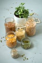 Organic bio bulk products. Foods storage in kitchen at low waste lifestyle. Cereals and grains in glass jars on table Royalty Free Stock Photo