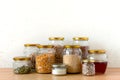 Organic bio bulk products in zero waste shop. Foods storage in kitchen at low waste lifestyle. Cereals and grains in Royalty Free Stock Photo