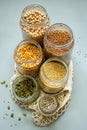 Organic bio bulk products in zero waste shop. Foods storage in kitchen at low waste lifestyle. Cereals and grains in Royalty Free Stock Photo