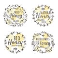Organic and bio honey label set with floral doodle wreath Royalty Free Stock Photo