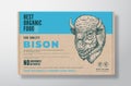 Organic Bison Meat. Vector Food Packaging Label Design on a Craft Cardboard Box Container. Modern Typography and Hand