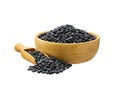 Black beans in wooden scoop and bowl isolated on white background Royalty Free Stock Photo