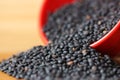 Organic black lentils being poured out from a red bowl.