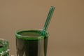 Organic blue-green algae spirulina detox drink in glass powder food. Health protein cocktail smoothie of chlorella Royalty Free Stock Photo