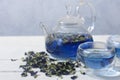 Organic blue tea Anchan, Clitoria, Butterfly Pea in glass teapot with glass cup Royalty Free Stock Photo