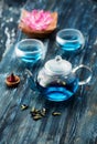 Organic blue tea Anchan, Clitoria, Butterfly Pea in a teapot and a cups and incense Royalty Free Stock Photo