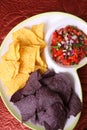 Organic Blue and Yellow Tortilla Corn Chips with a Fresh Organic Bowl of Salsa Royalty Free Stock Photo