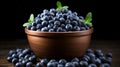 Organic blueberries and fresh spearmint in rustic clay bowl on wooden table for food photography