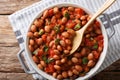 Organic Borlotti beans in tomato sauce with herbs close-up in a Royalty Free Stock Photo