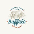 Organic Buffalo Cattle Abstract Vector Sign, Symbol or Logo Template. Hand Drawn Bison Silhouette and Countryside Rural