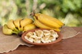 Organic bunch of ripe yellow bananas. Pieces cut on a plate with honey and oats. Isolated with blurred green background.Copy space Royalty Free Stock Photo