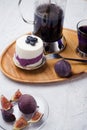 Organic Butterfly pea, clitoria or Blue pea flower herbal tea. Thai blue tea. served with lemon, fresh figs and blueberry cake on Royalty Free Stock Photo