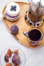 Organic Butterfly pea, clitoria or Blue pea flower herbal tea. Thai blue tea. served with lemon, fresh figs and blueberry cake on Royalty Free Stock Photo