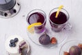 Organic Butterfly pea, clitoria or Blue pea flower herbal tea. Thai blue tea. served with lemon, fresh figs and blueberry cake