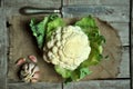 Organic cauliflower and garlic on a vintage background
