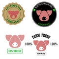 100% organic, certified, fresh farm, premium pork meat logos or labels set with pink pig head. Vector illustration