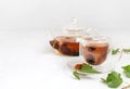 Organic chaga tea in a glass cup and teapot. Infusion with pieces of birch mushroom on a white background Royalty Free Stock Photo