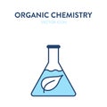 Organic chemistry flask icon. Vector illustration of a chemical flask with a leaf eco symbol. Represents concept of natural