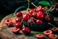 Organic cherries in bowl with baking pan on kitchen table Royalty Free Stock Photo