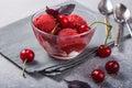 Organic cherry  Sorbet Ice Cream Balls in glass Ready to Eat. Organic Food Royalty Free Stock Photo