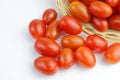 Organic cherry tomato, solanum lycopersicum L. var. cerasiforme in basket. Royalty Free Stock Photo