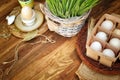 Organic chicken eggs in egg box against old style wooden background Royalty Free Stock Photo