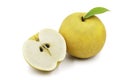 Organic Chinese pear or Korean snow pear and a half on white isolated background with clipping path. Ripe Japanese nashi have Royalty Free Stock Photo