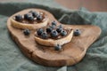 Organic chocolate hazelnut spread with fresh blueberries on ciabatta slices on wood board