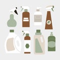 Organic cleaning bottle supplies. Flat eco biodegradable detergent packages illustration set. Royalty Free Stock Photo