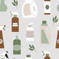 Organic cleaning bottle supplies seamless pattern. Flat eco biodegradable detergent packages illustration set. Royalty Free Stock Photo