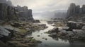 Organic Coastal Landscape: Misty Estuary With Sharp Boulders And Rocks