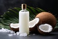 Organic coconut products for spa, cosmetic or food ingredients decorated palm leaves. Royalty Free Stock Photo