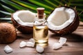 Organic coconut products for spa, cosmetic or food ingredients decorated palm leaves. Natural oil, water and shavings. Royalty Free Stock Photo